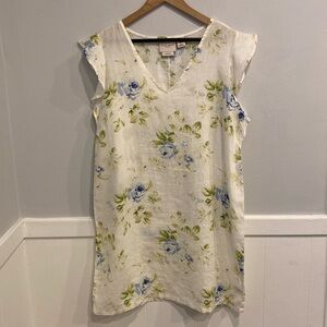 Laura Ashley Linen Dress . summer Delicate flowers blues and greens, Size 12